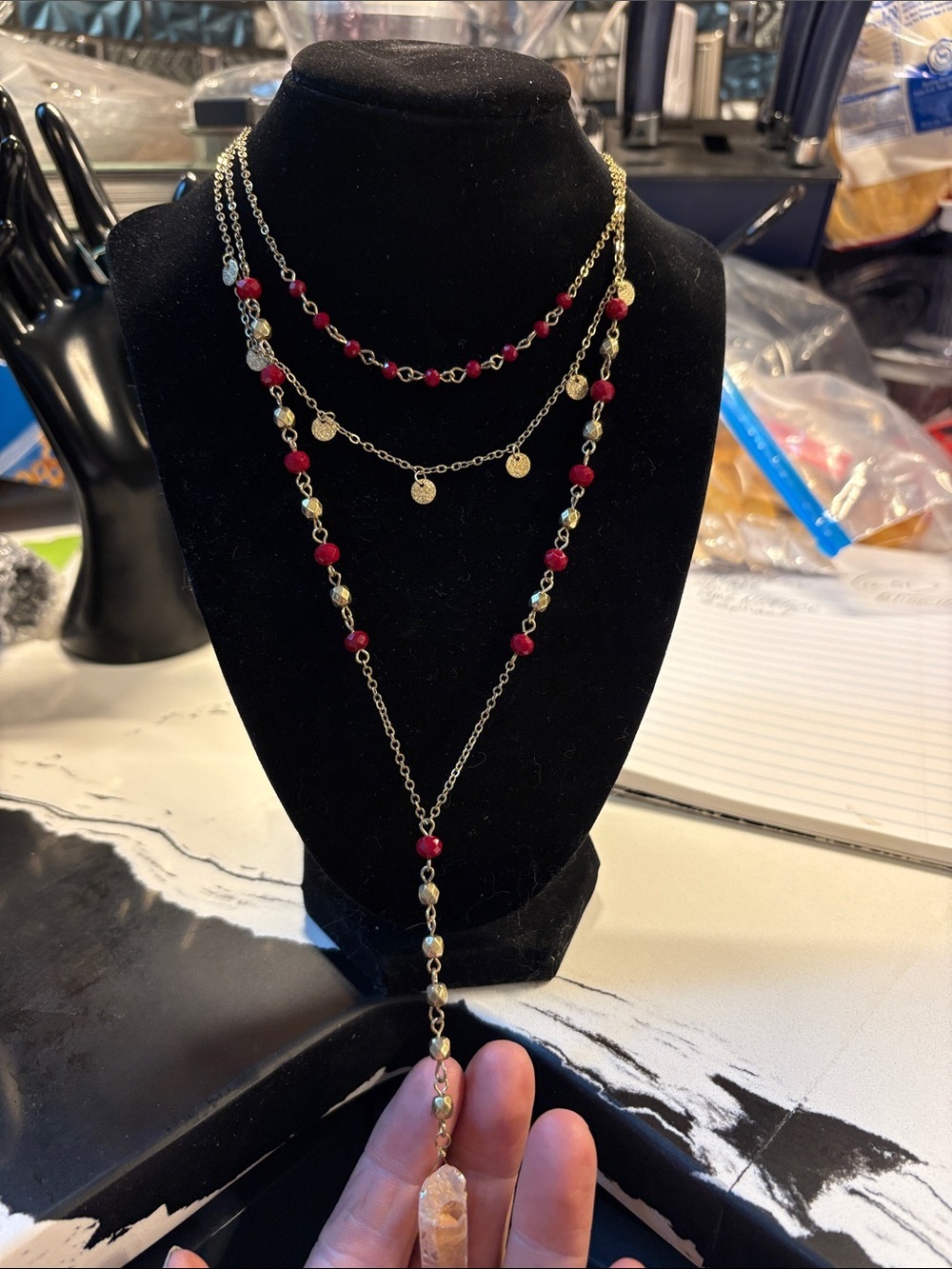 Gold-Tone Layered Y Necklace with Red Beads and Pendant